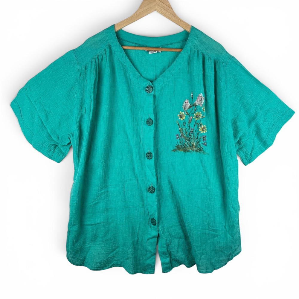 Copy Cats Vintage 90s Crinkle Top Womens Plus Size 2XL Cottagecore Hand Painted